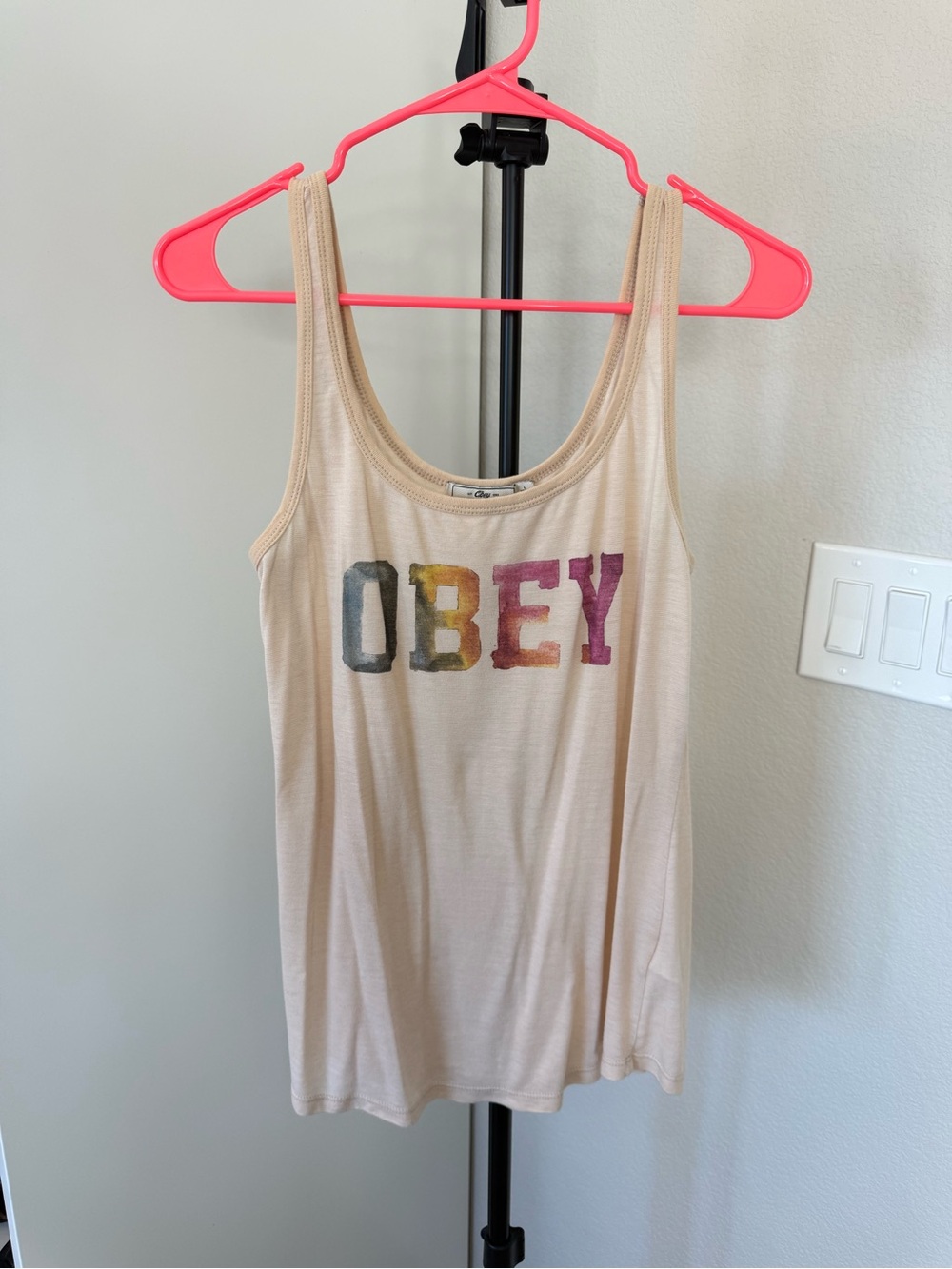Obey Beige Scoop Neck Tank with Distressed Multicolor Logo
